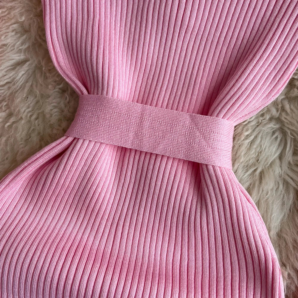 Women Dress  Autumn Winter Elegant Rib Knit Long Pencil Dress with Belt Office Lady Bodycon Sweater Dress Vestidos