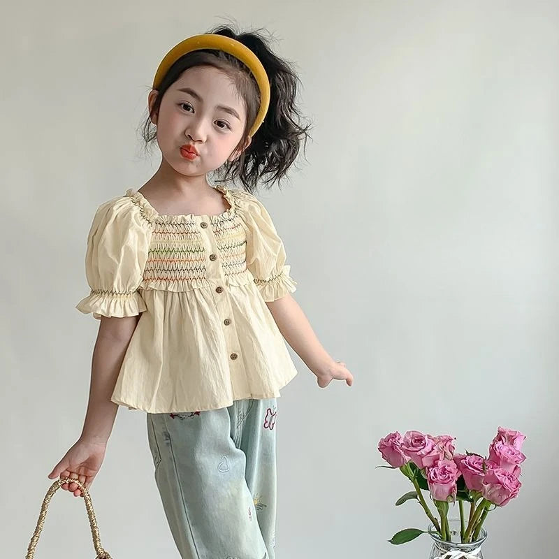 Spring Summer Kids Fashion Color Stripe Puff Sleeve Cotton Blouse Elegant Casual Top for Girl