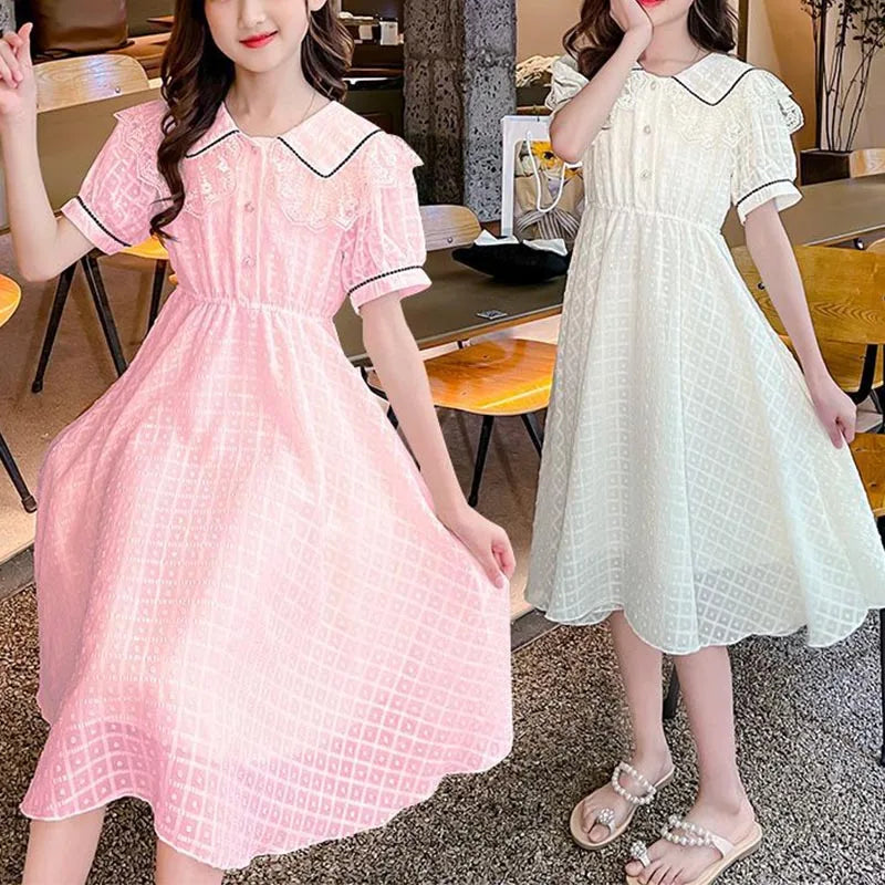 Children's Fashion Preppy Style Sailor Collar Loose Casual Robe Girls' Short Sleeve Sweet Bow Dress Children's Dresses