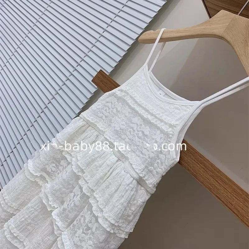 Girls Summer Set New Teenage Girls Bubble Sleeves Short denim cardigan jacket lace suspender skirt set Children's clothing set