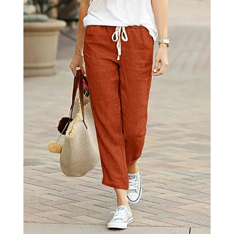Autumn Cotton Women's Pants  Black Drawstring Elastic Waist Casual Pants Female Loose Fashion Elegant Ladies Bottom