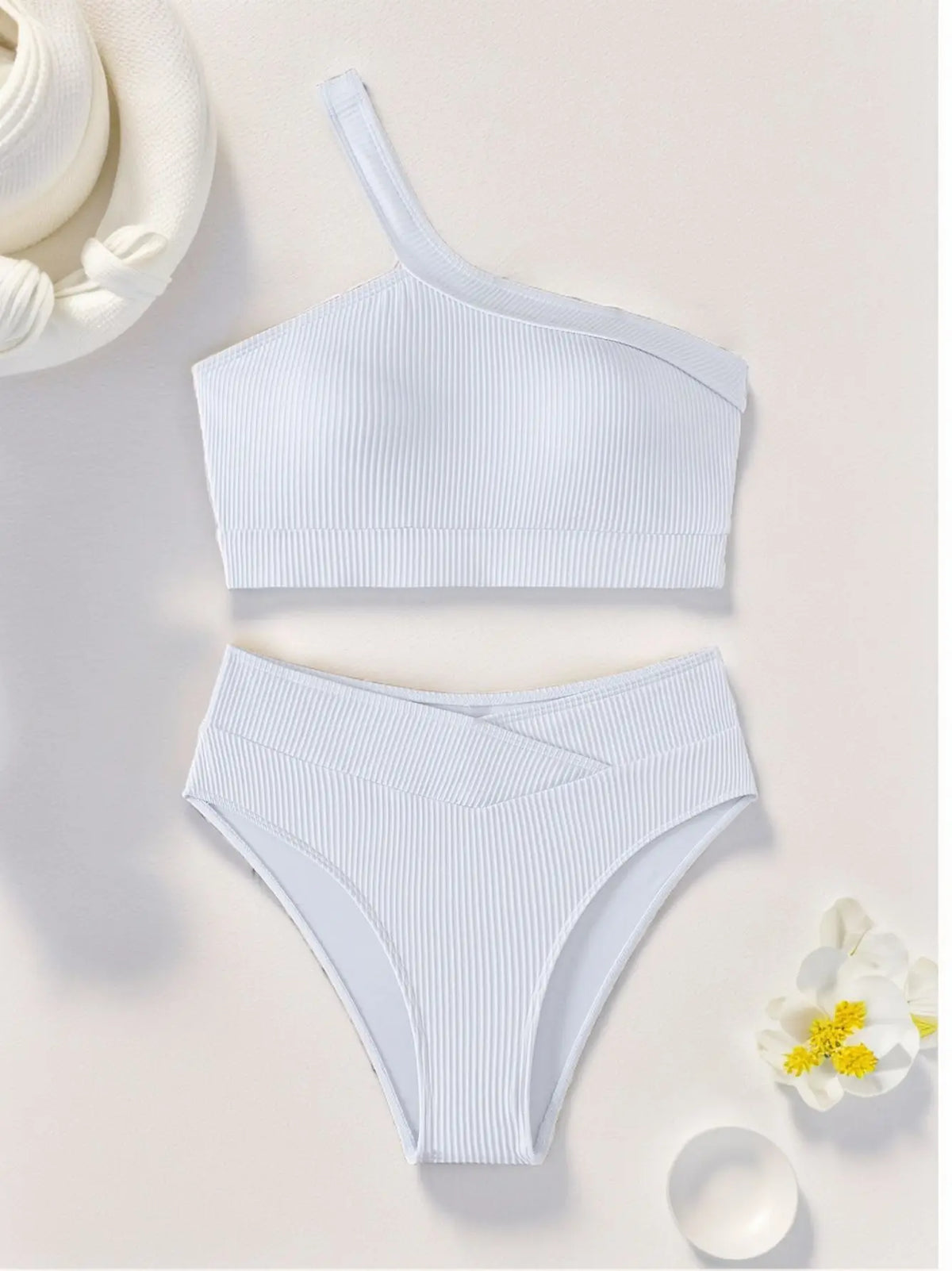 Ribbed Knit One Shoulder Bikini Asymmetrical Strap Crop Top V‑Shaped High Waisted Bottom Two‑Piece Swimsuit Women Tummy Control