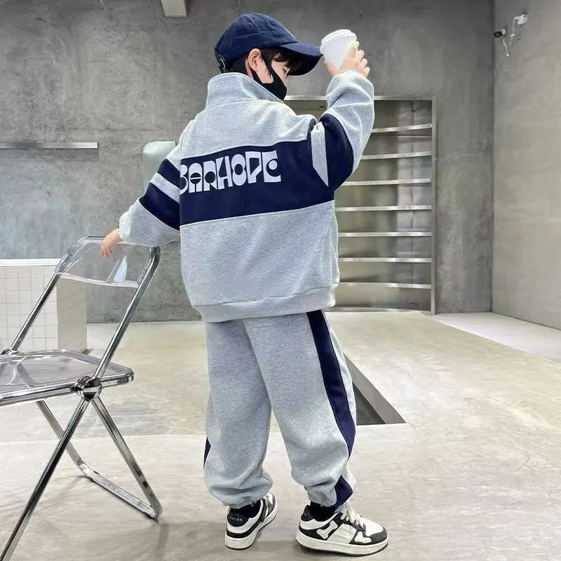 Fashion Boys Clothing Set Spring Autumn Patchwork Zipper Coat Pants 2Pcs For 4-12 Years Kids Tracksuits Teenager Casual Outfits (Available)