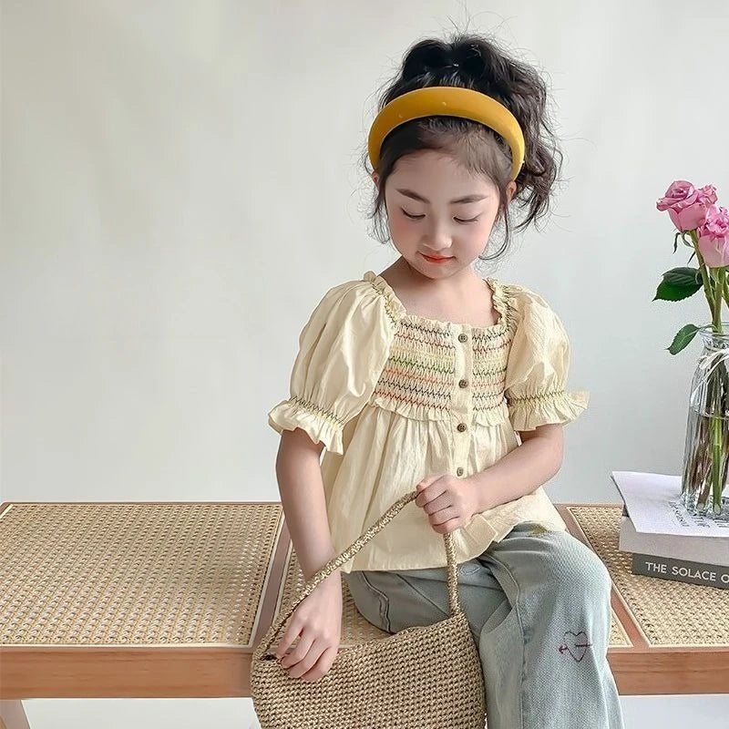 Spring Summer Kids Fashion Color Stripe Puff Sleeve Cotton Blouse Elegant Casual Top for Girl