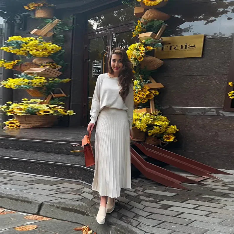 Women Eid Muslim Dresses Musulman Ensemble Two Pieces Arab Dubai Kaftan O Neck Solid Tops Morocco Pleated Skirts Casual