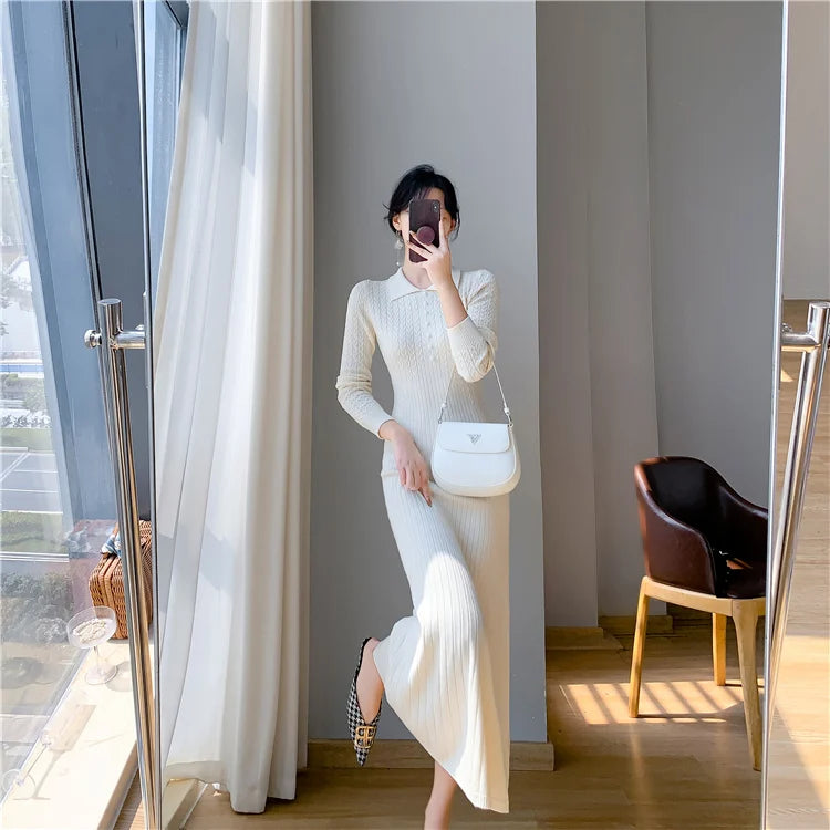Sweater Dress Women New  Autumn Winter Purple White Or Black High Waist A Line Dress Elegant Long Knitted Dress