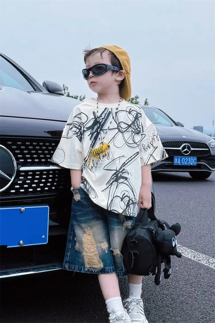 Summer children boys fashion casual T shirt hole jeans sets suits