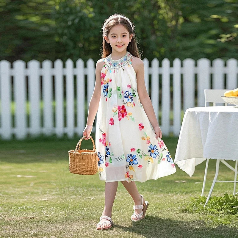 Girls Sequin Floral Collar Princess Dress Summer Fashion Flowers Print Girls Clothes Round Neck Solid Color Kids Costume