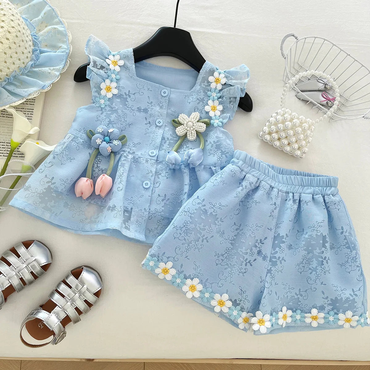 New Children's Outfit Summer New Baby Chinese Style Hanfu Fashionable Girl Tang Suit Two-Piece Set with Hat