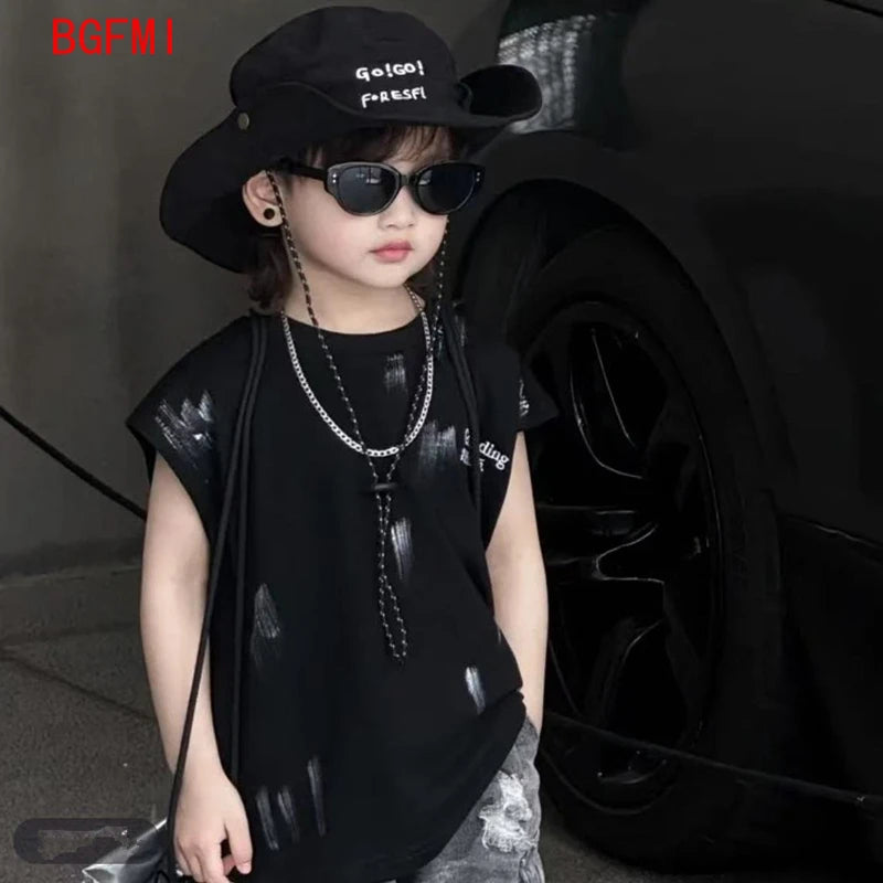 Summer Boys Loose Sleeveless Printed T-Shirt Tops + Hole Shorts  Set Child Outfit Handsome Kids Clothes Boys 2-10Y Vest Suit