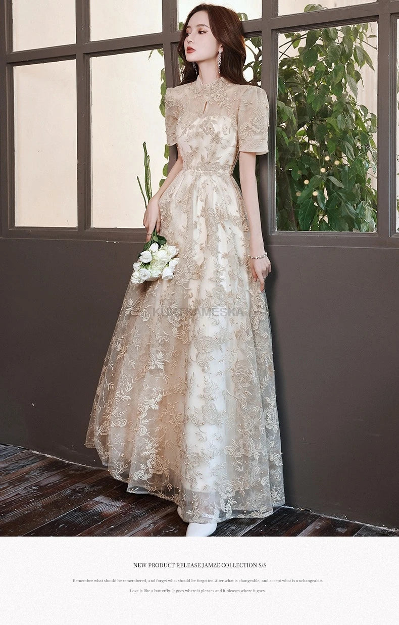 Elegant High Collar Evening Prom Bridesmaid Banquet Party Ball Dress Gown Short Sleeve Flower Embroidery Appliques Formal Dress