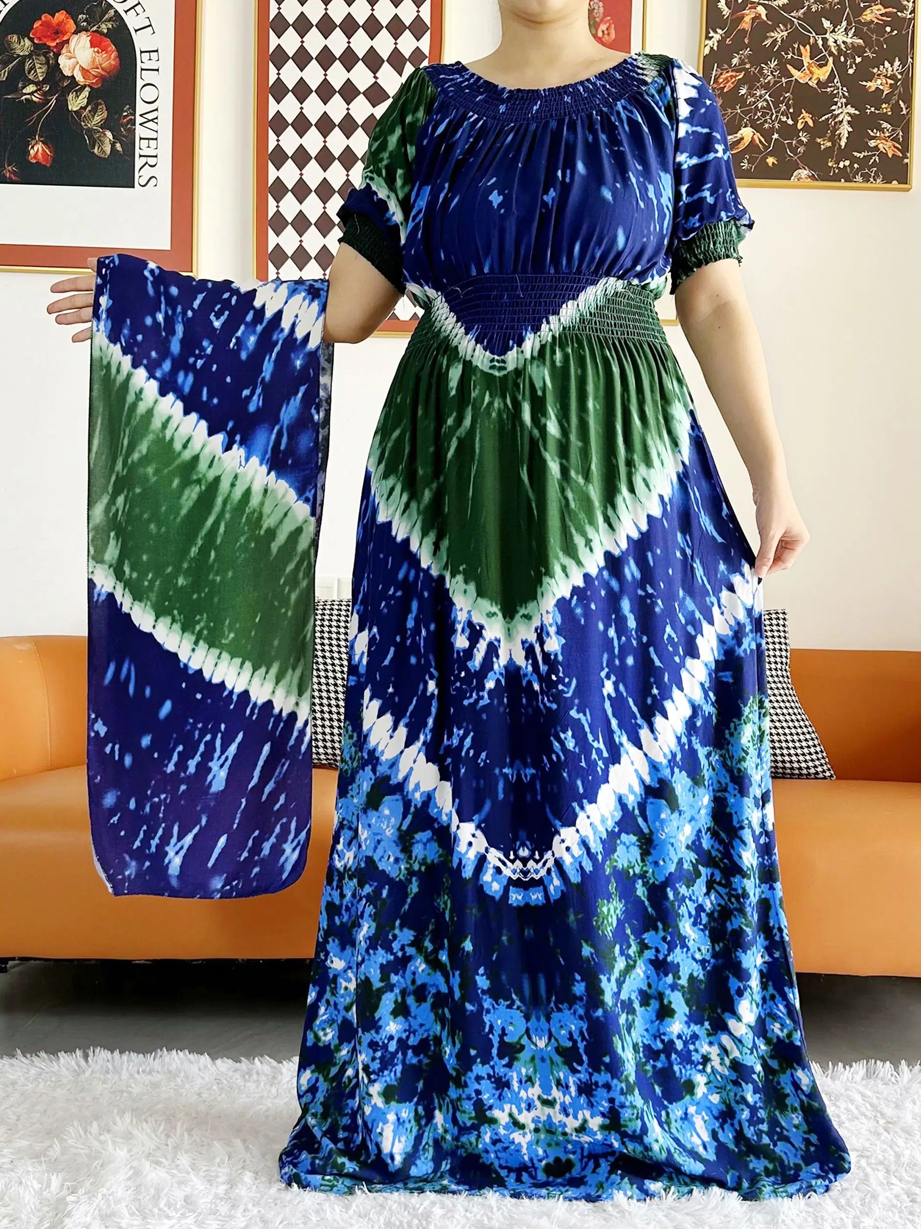 Women Party Dress Muslim Summer Short Sleeve Long Dress Collect Waist Floral Boubou Maxi Islam Women Dress African Abaya Clothes