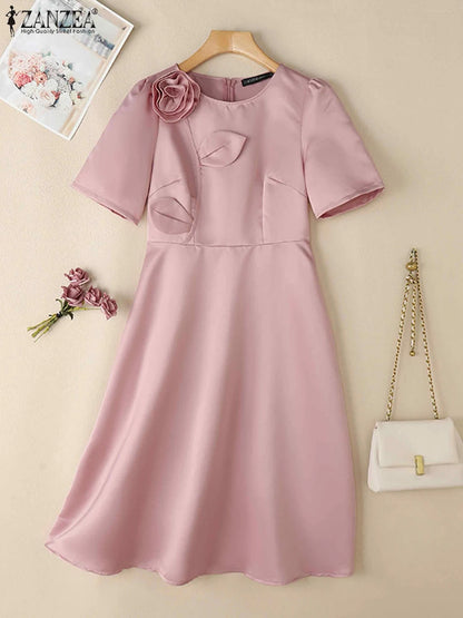 ZANZEA Elegant Woman Party Dresses Shiny Satin Round Neck Short Sleeve Fabric Flower A-line Robes Femme Fashion Midi Vestidos