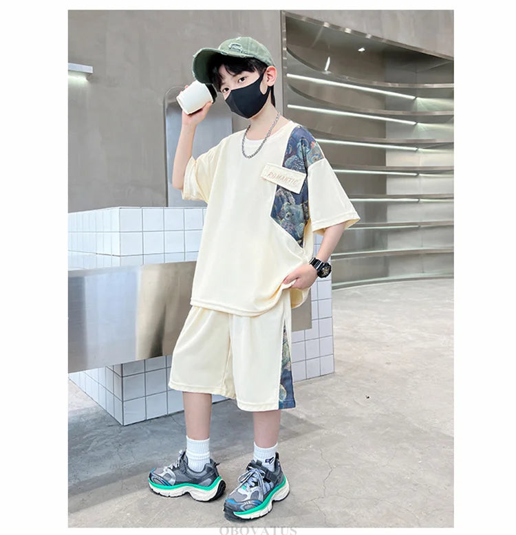 Boys Summer Suit Kids Short Sleeve T-Shirt Sports Casual Outfits for Teenage Boy Clothing Sets With Cartoon Bear