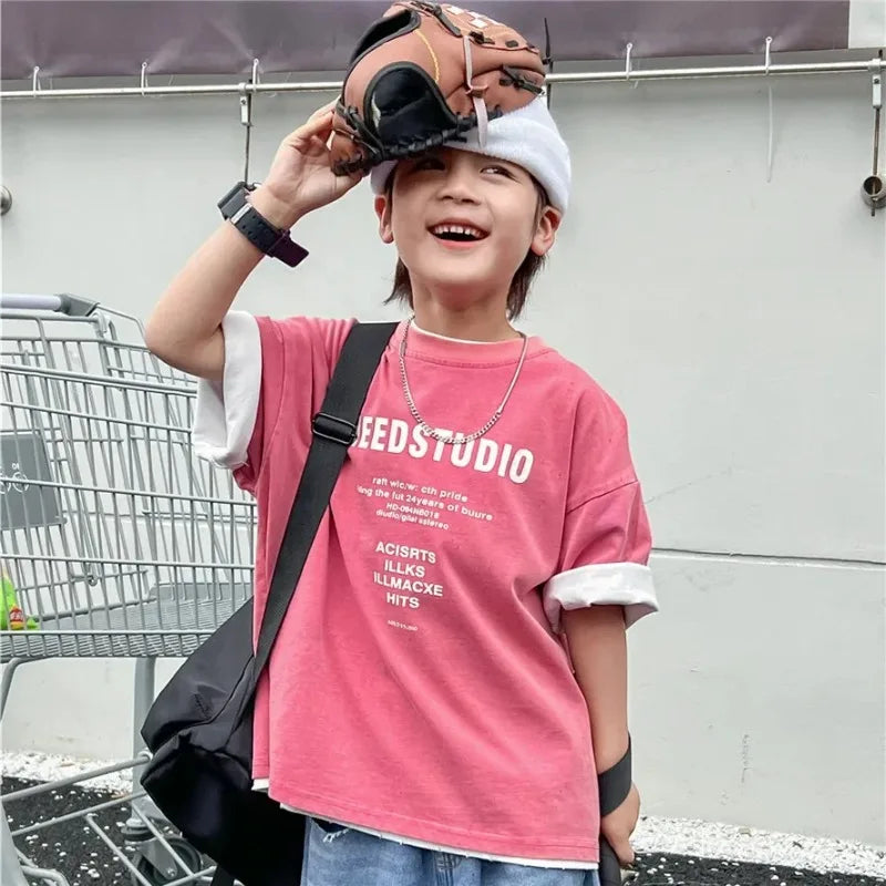 Pure Cotton Children's Short Sleeved Simple Trendy Letters Faded and Worn Half Sleeved T-shirts Boys Girls Stylish