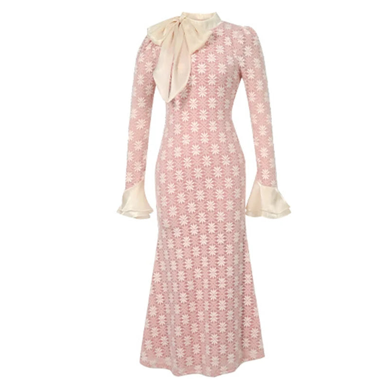 Fashion Gentle Party Dresses Women Clothing Elegant Pink Lace Bow Ruffles Long Fishtail Long Robe Date Banquet Vestidos Mujer