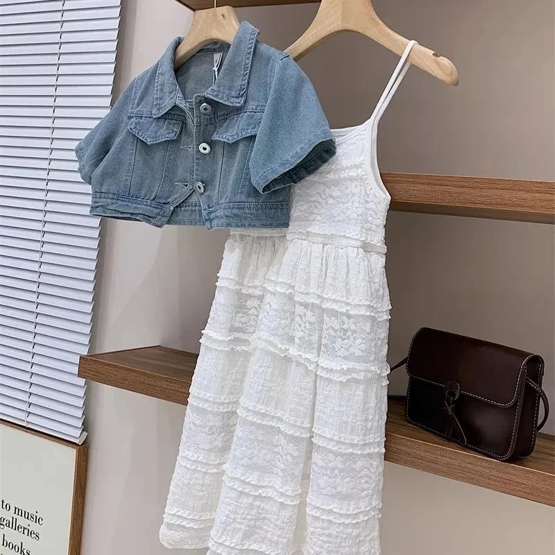 Girls Summer Set New Teenage Girls Bubble Sleeves Short denim cardigan jacket lace suspender skirt set Children's clothing set