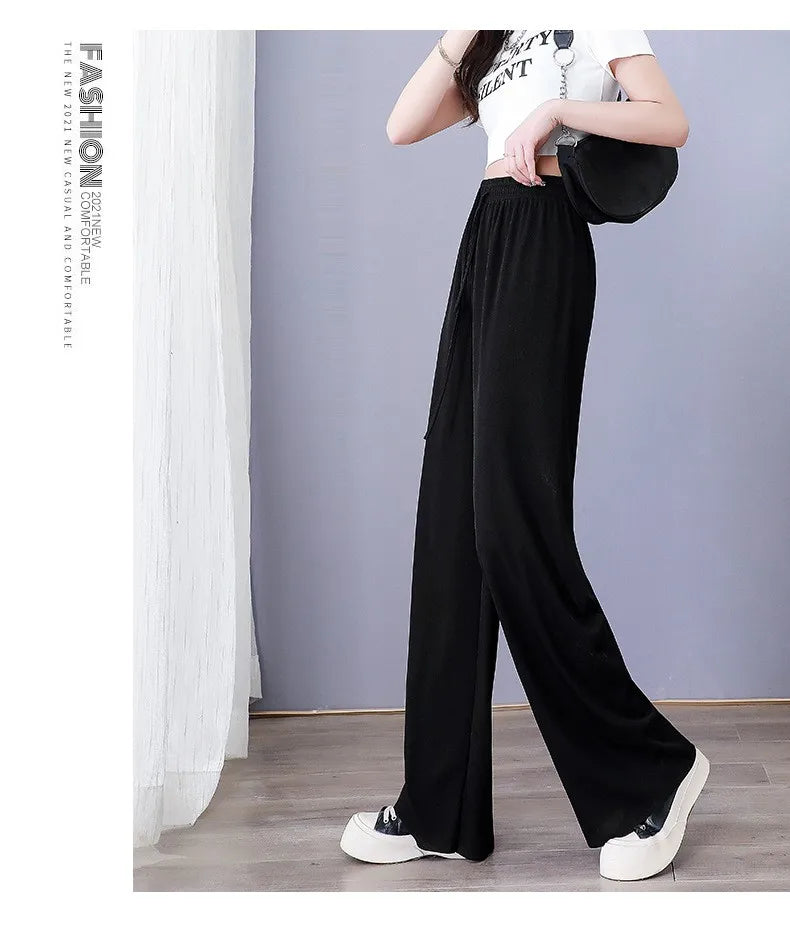 Ice Silk Wide Leg Pants Women's Summer  New High Waist Drape Loose Slimming Straight Bla Floor-Length Casual Trousers