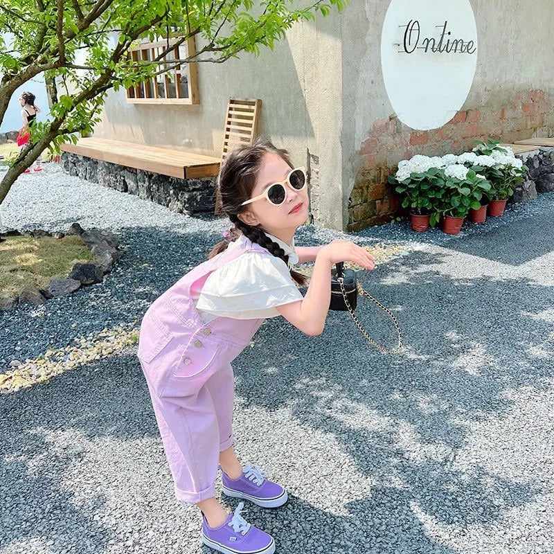Baby Girl Denim Overalls Pant Pocket Fly Sleeve Shirt Toddler Teen Child Suspender Trousers Kid Dungaree Baby Clothes 3-14Y
