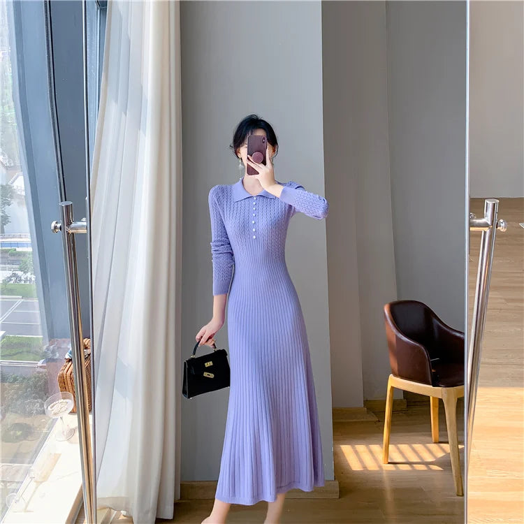 Sweater Dress Women New  Autumn Winter Purple White Or Black High Waist A Line Dress Elegant Long Knitted Dress