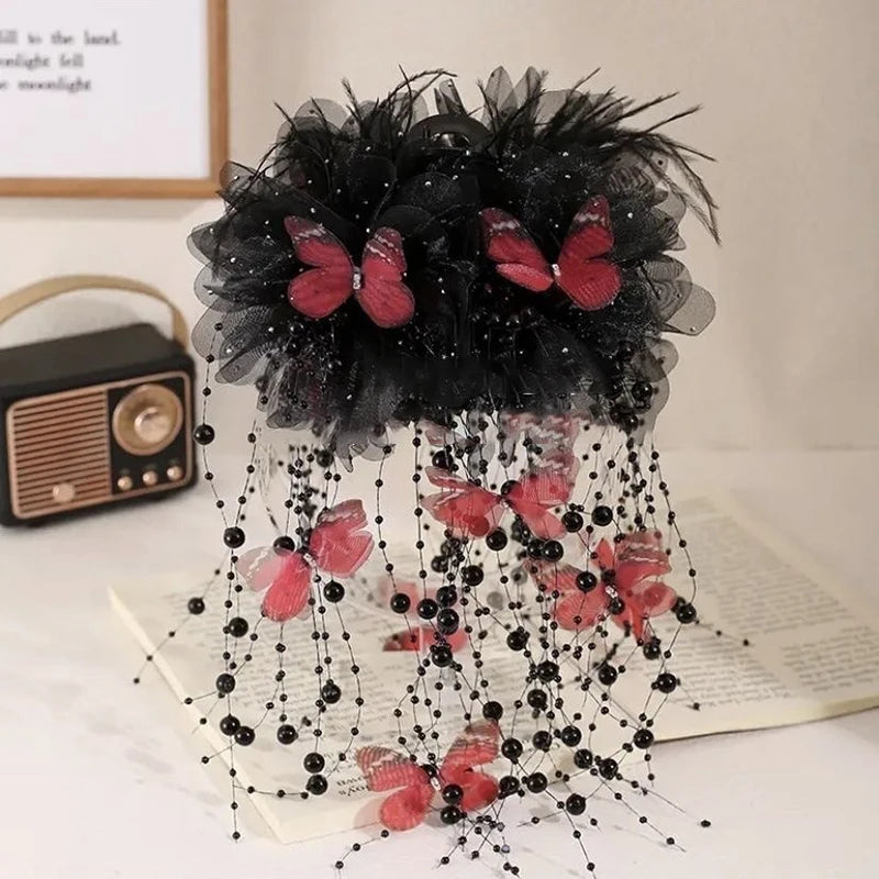 Fashion Fairy Butterfly Feather Tassel Hair Claw Shark Clips Temperament Mesh Flower Claw Clip Women Headwear Hair Accessories