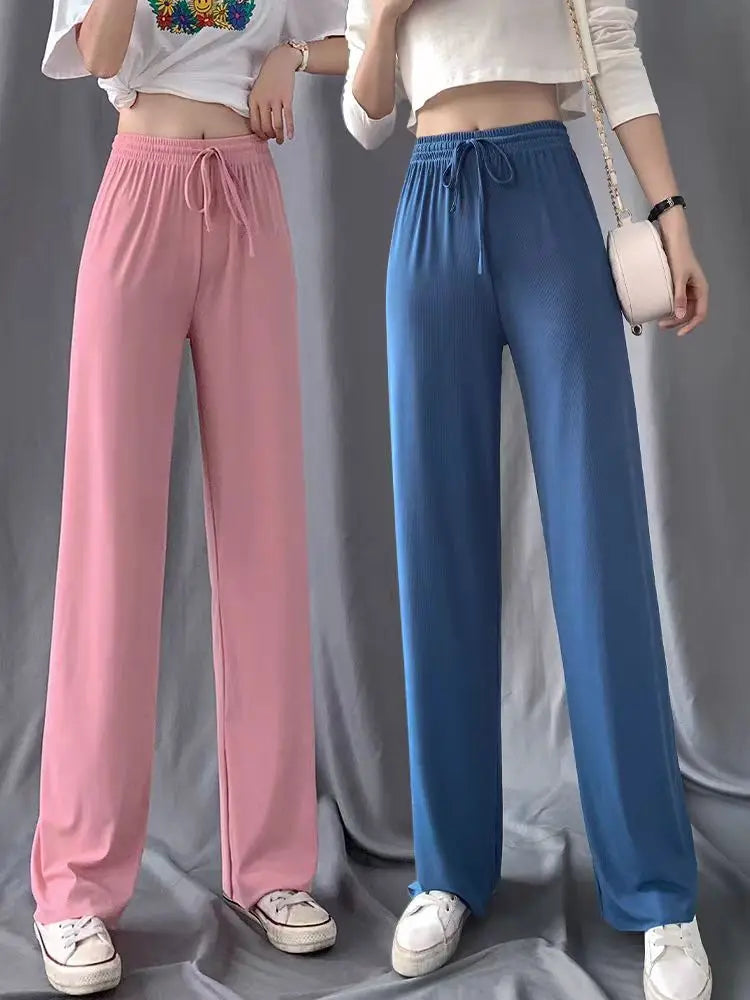 New Women Ankle-Length Wide Leg Pants Casual Summer Solid Elastic Waist Loose Ice Silk Pants Spring Summer Female Trousers