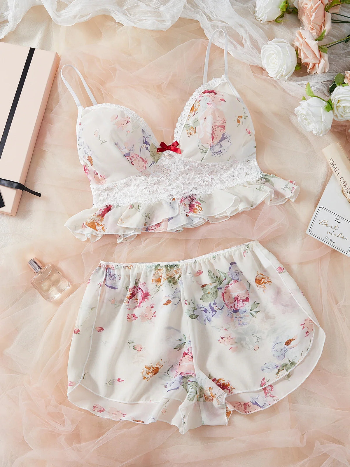 Plus Size Floral Lingerie Set - Chiffon Camisole with Lace Trim, Ruffled Shorts, Romantic Flower Print, Soft & Breathable. sexy