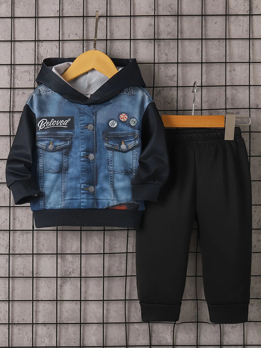 Toddler Boy's Spring and Autumn Outfit: Denim Printed Hoodie + Black Cuffed Pants, Trendy Fake Two-Piece Set for Boys