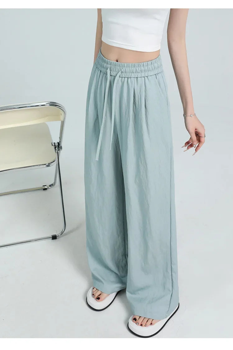 White Ice Silk Wide Leg Pants Women's Summer Thin High Waist Slimming Casual Versatile Elastic Waist Draped Straight Leg Trouser