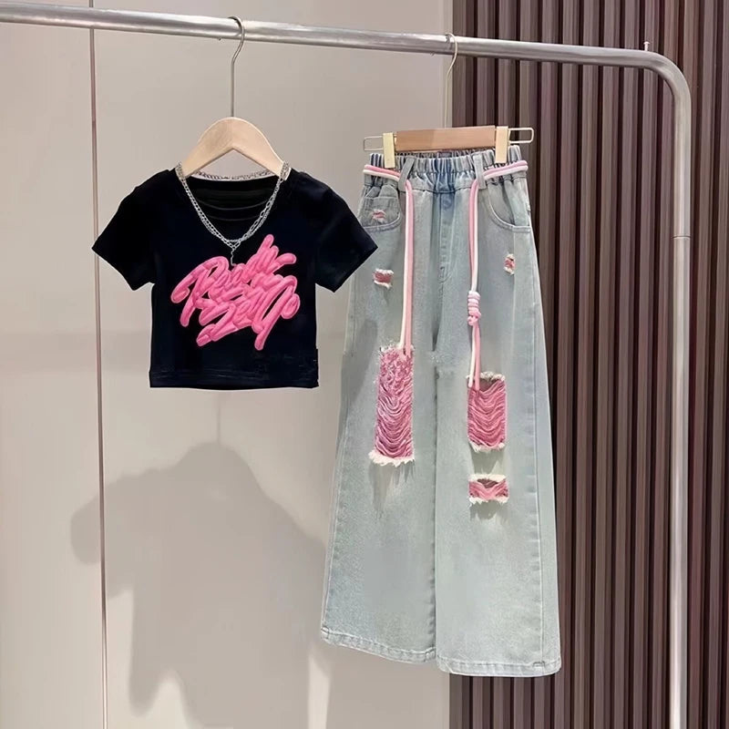 Kids Child New Jeans T-shirt 2 Pieces Clothing Set for Teen Girl High Fashion Streetwear Outfits Drawstring Pants & Tees Suit