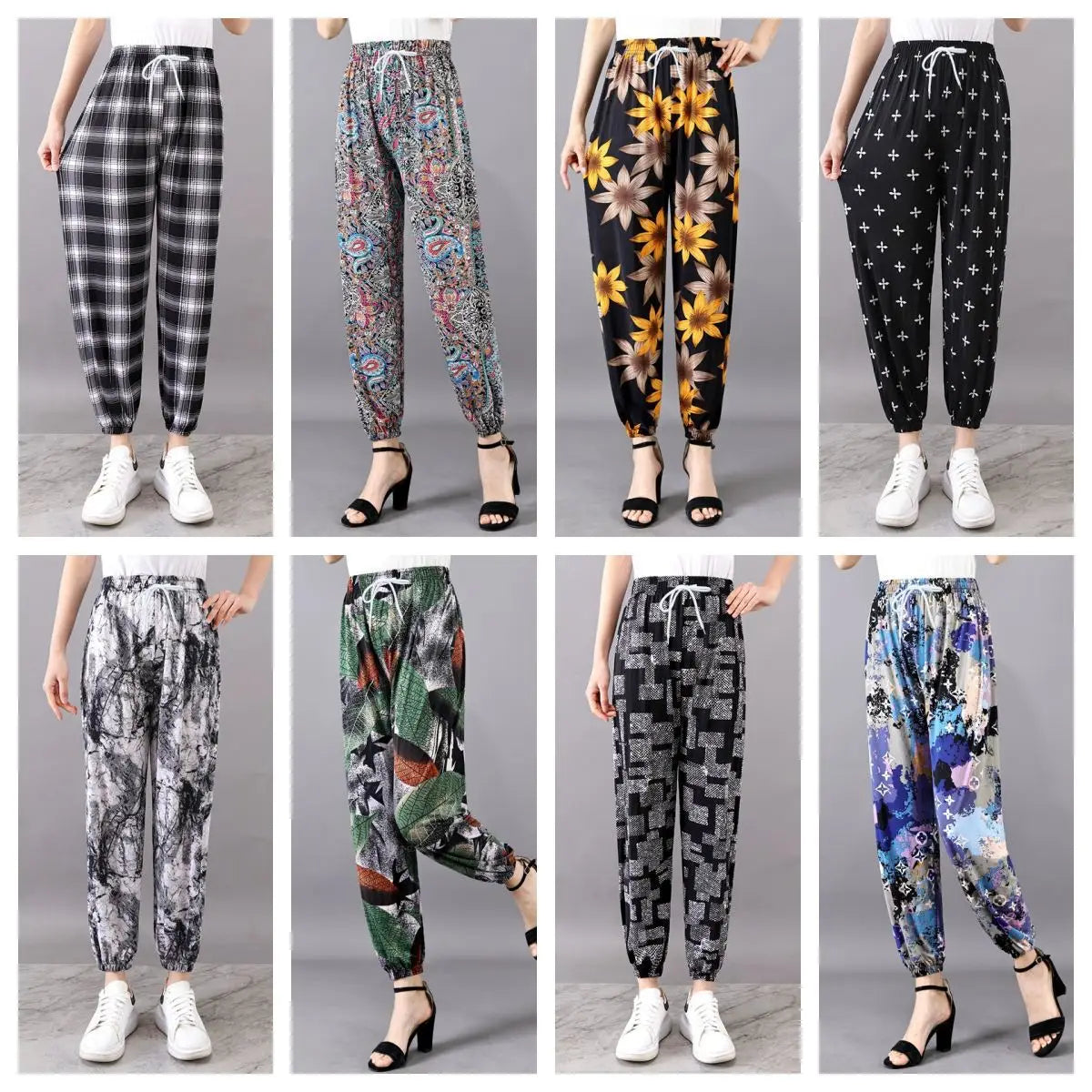 Summer Ladies Ice Silk Loose Casual Home Pants Elastic plus Size Mom Square Sports High Waist Straight Leg Length Nine Points