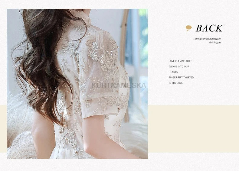 Elegant High Collar Evening Prom Bridesmaid Banquet Party Ball Dress Gown Short Sleeve Flower Embroidery Appliques Formal Dress