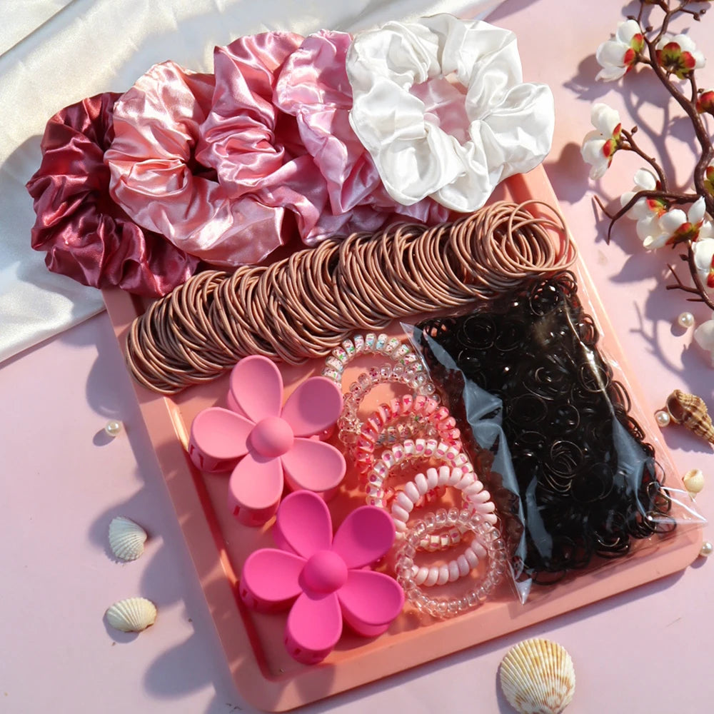 Fashionable Pink Hair Accessories Set for Women, Seamless Ponytail Holders Variety Hair Scrunchies For Women Lady 2024
