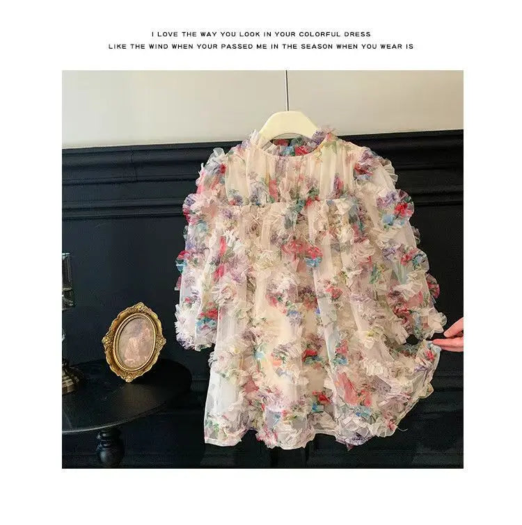 New Baby Girls floral print Fall Mesh Long Sleeve Dress Princess Kids Sweet Party Dresses