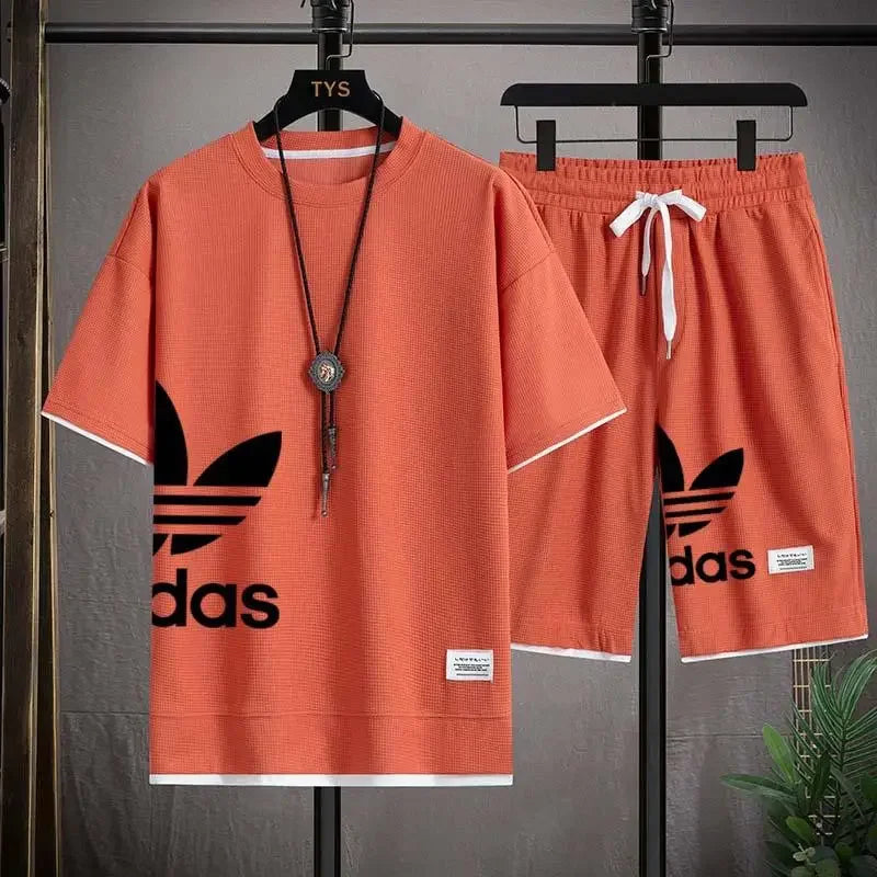 Summer  New Men's pullover sportswear Set, fashionable basketball men's casual short-sleeved T-shirt + shorts two-piece set
