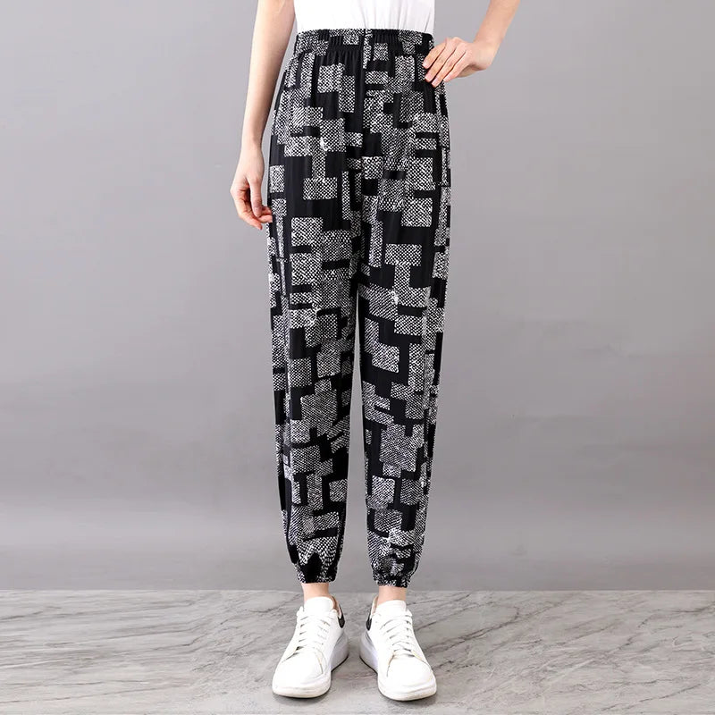 Summer Ladies Ice Silk Loose Casual Home Pants Elastic plus Size Mom Square Sports High Waist Straight Leg Length Nine Points