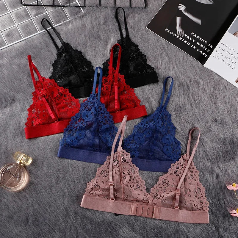 Plus Size Romantic Full Lace Bralette for Women Sexy French Style Sheer Wireless Bra Ultra Thin Hollow Out Demi Cup Brassiere