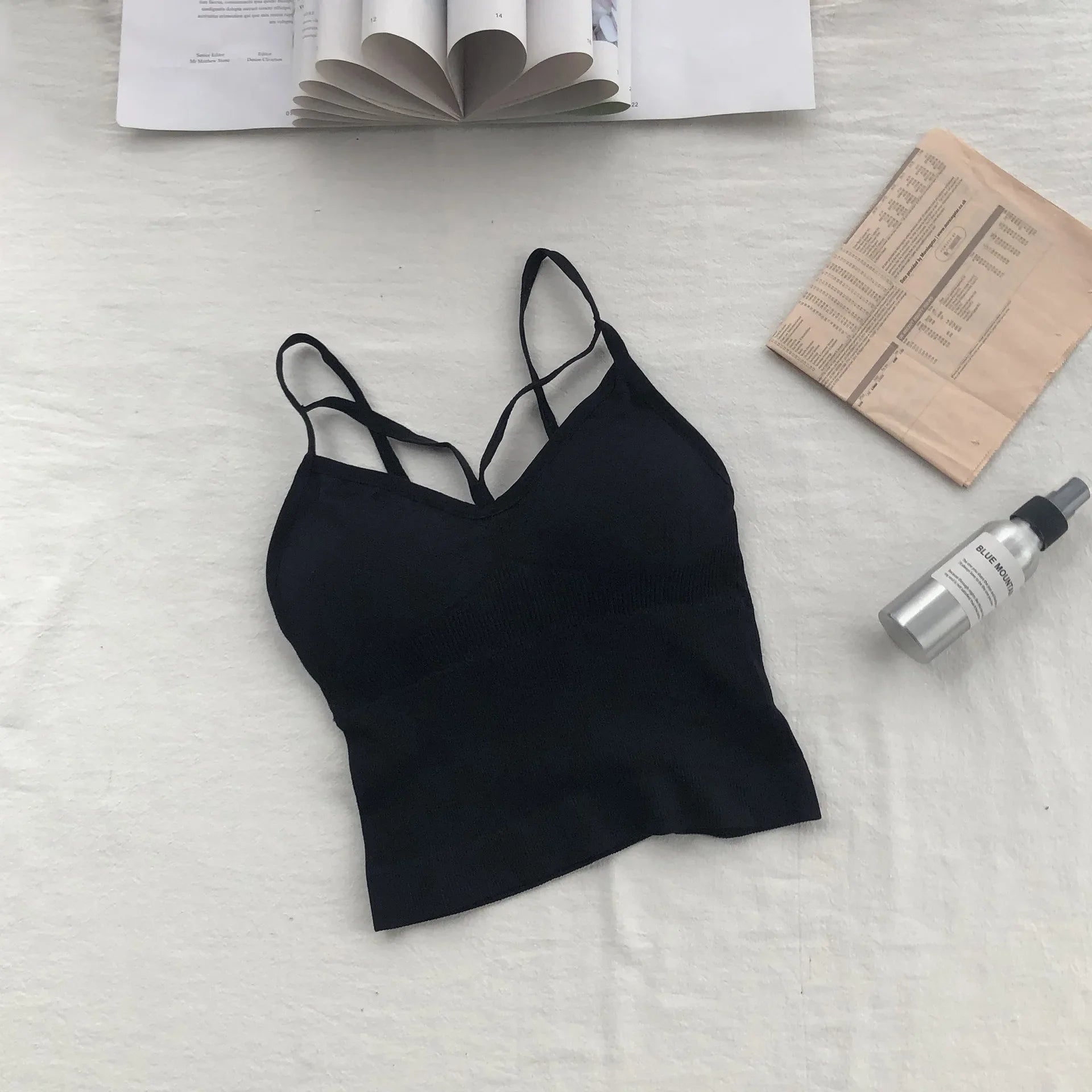 Women's Underwear Seamless Body-fitting Vest Wrapped Detachable Chest Pad Cut Top Elastic Sexy Cross Open Back V-neck Vest Bra