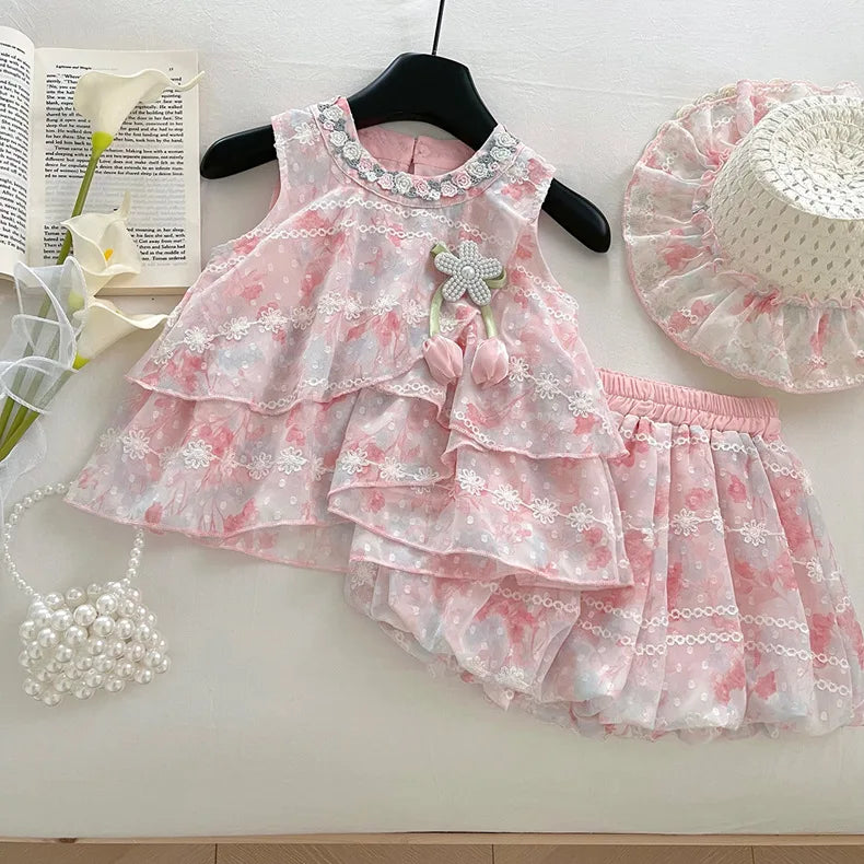 Baby Girls Summer Clothes Sweet Lace Embroidery Flowers 3pcs Sets Tops Shirts+shorts+hat,Kids Children Princess Clothes