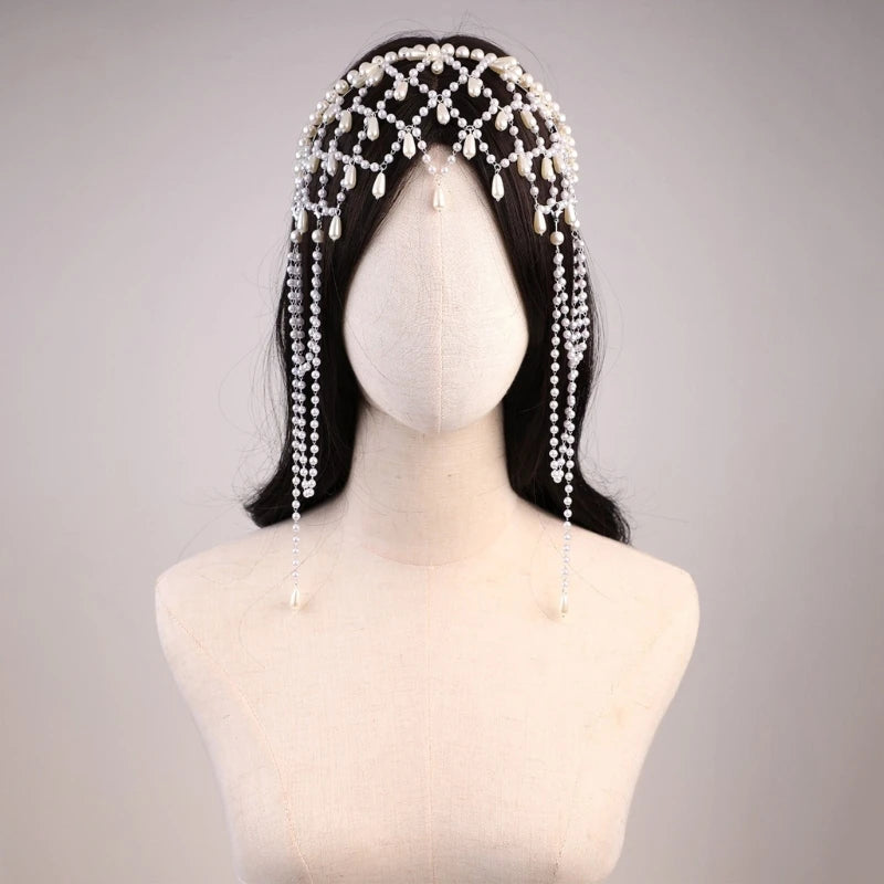 Handmade Imitation Pearls Bridal Hair Chain Elegant Wedding Headpiece Comfortable Headbands For Bride