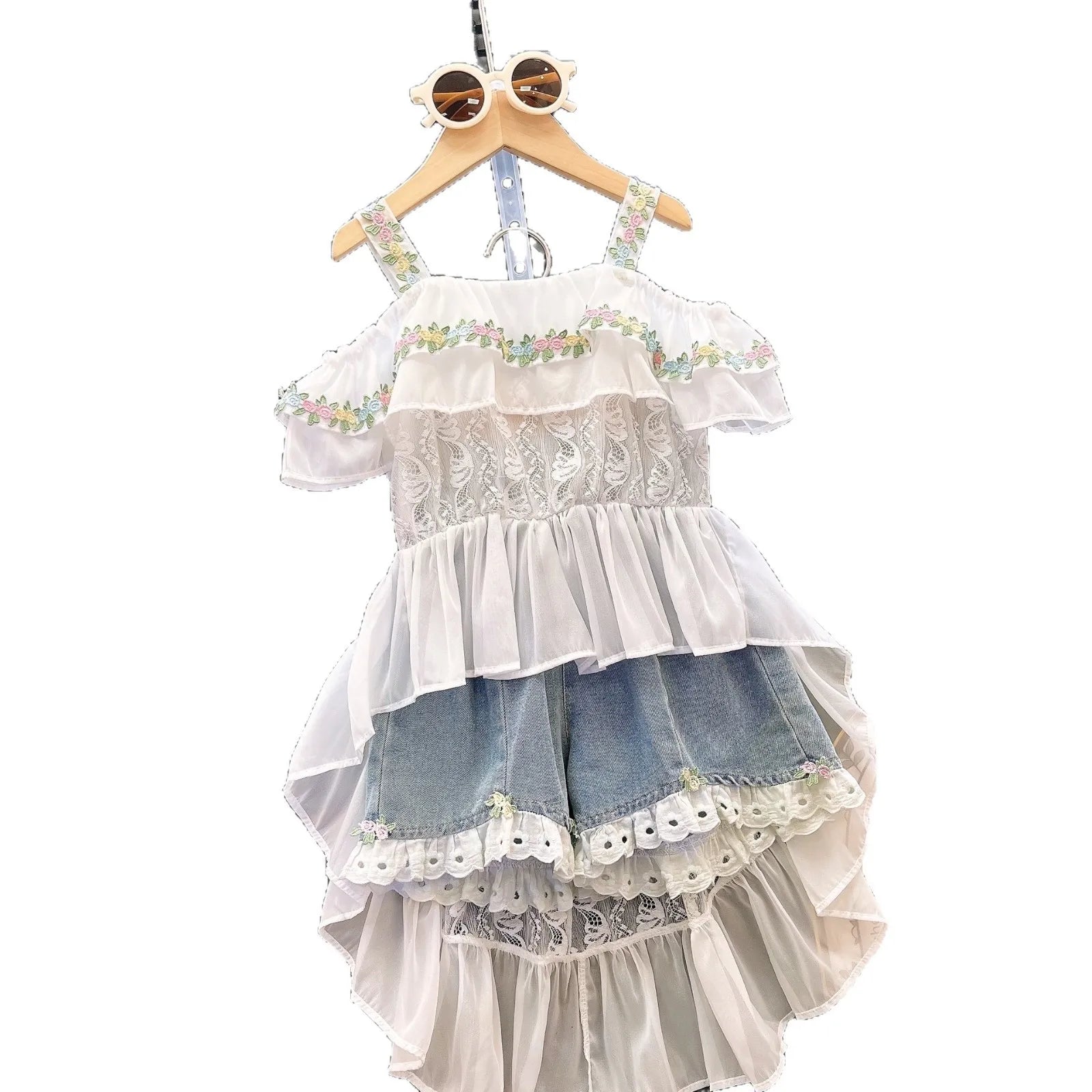 New Style Children's Strap Skirt Top Cowboy Shorts Kids Fashion Outwear Two Piece Set