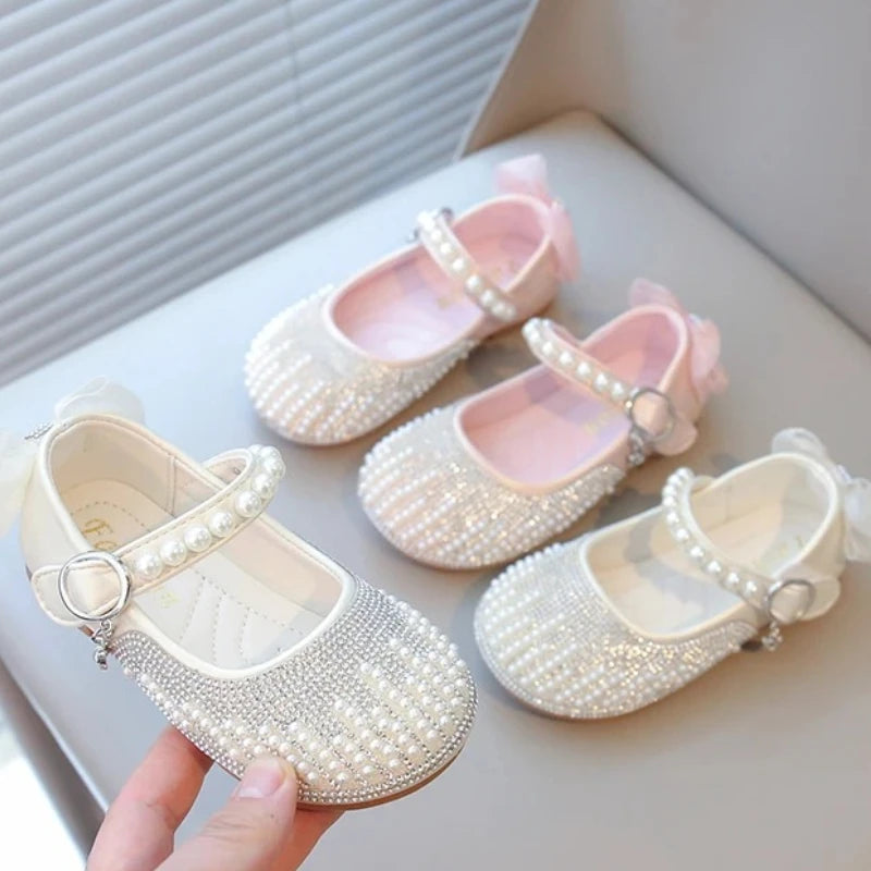 New Pearl Bowknot Elegant Kid's Princess Shoes Fashionable Sweet Children's Shoes