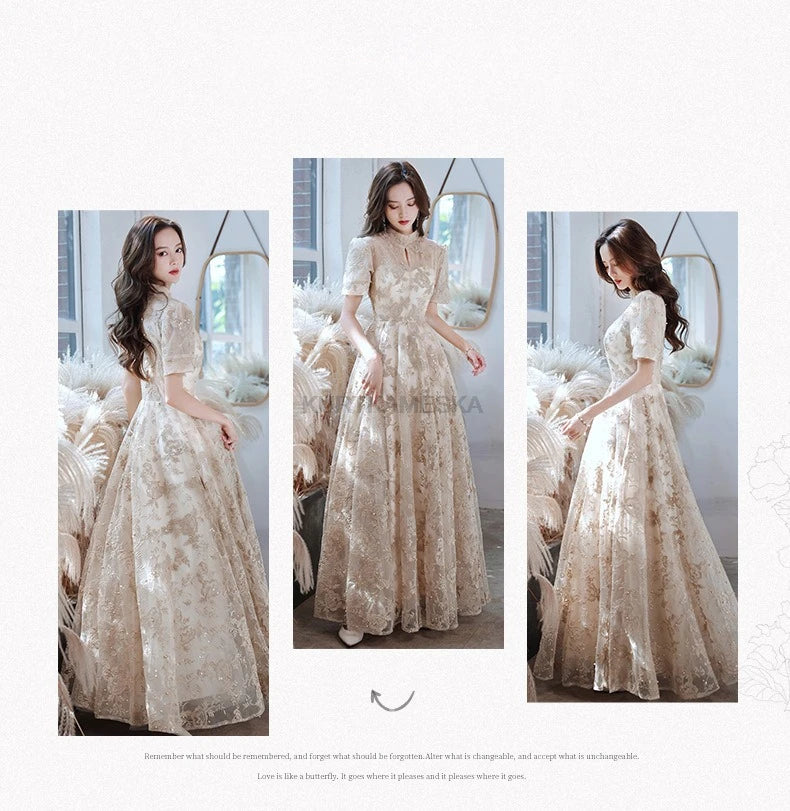 Elegant High Collar Evening Prom Bridesmaid Banquet Party Ball Dress Gown Short Sleeve Flower Embroidery Appliques Formal Dress
