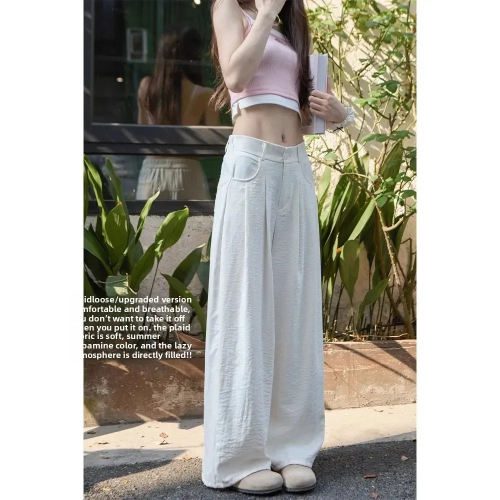 Ice Silk Drapey Wide Leg Pants Women's Summer Thin New Style Beige Color Nine Points Long Trousers Comfortable Fit Female Pants