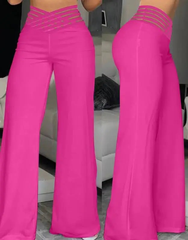 Women Wide Leg Flared Pants  Spring Casual Crisscross Sheer Mesh Patch High Waist Trousers Y2k Streetwear Elegant Work Pant