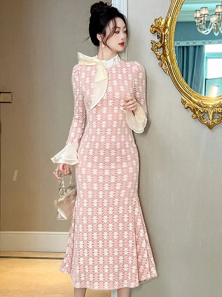 Fashion Gentle Party Dresses Women Clothing Elegant Pink Lace Bow Ruffles Long Fishtail Long Robe Date Banquet Vestidos Mujer