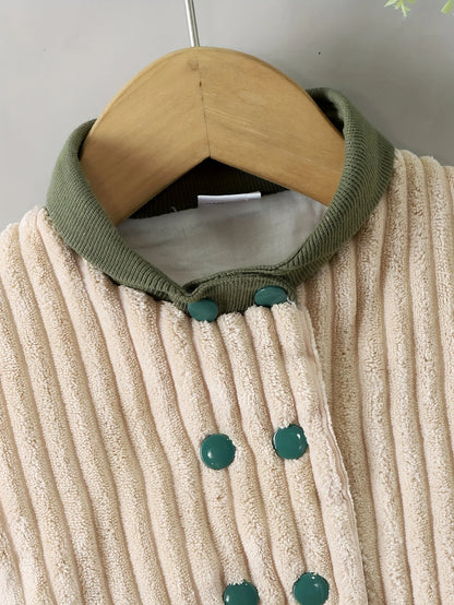 Boys Fall Winter Plaid Button Style Plush Apricot Baseball Jacket Baby Outfit Vertical Stripe Design Soft Fur Infant Clothing