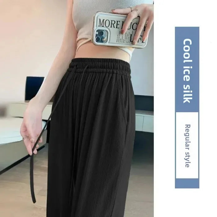 Ice Silk Wide Leg Pants Women's Summer Thin Narrow Version 145 Small Size Drape Straight High Waist Stripe Casual Trousers 150