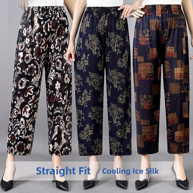 High Waist Floral Pants Straight Leg Home Leisure Women's plus Size High Elasticity Air Conditioning Pants Casual Trousers