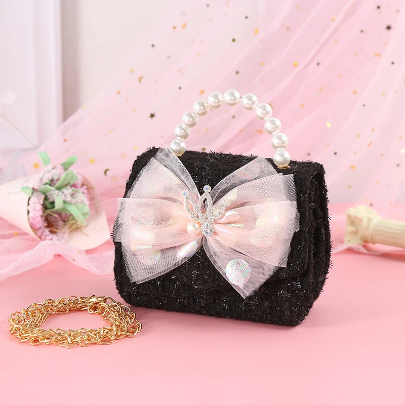 Pink Princess Crown Colorful Bow Children's Bag Fashion Hand-held Pearl Diagonal Girl Cross Body Shoulder Messenger Bags Purse
